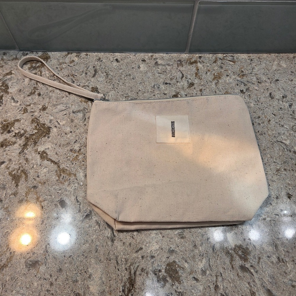 Birkenstock Canvas Wristlet Pouch Cream Logo Makeup Travel Bag Clutch